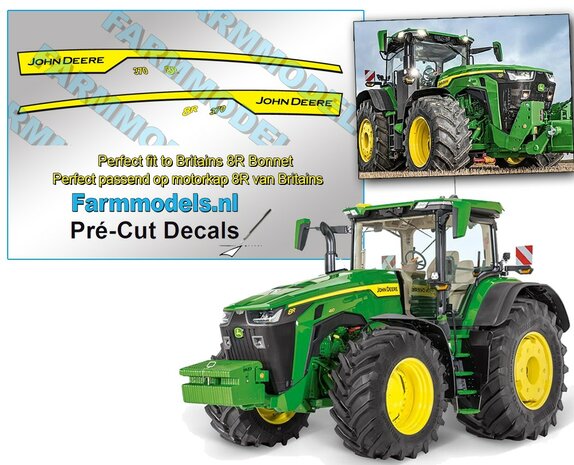 John Deere 8R 370 type stickers geschikt voor de Britains JD 8R(X)  Pr&eacute;-Cut Decals 1:32 Farmmodels.nl 