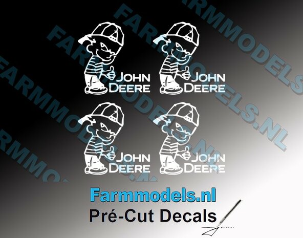 4x Ok&eacute; Calvin 20mm hoog V1 WIT + New Logo JD WIT stickers op Transparant Pr&eacute;-Cut Decals 1:32 Farmmodels.nl 