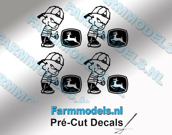 4x Ok&eacute; Calvin 15mm hoog V1 ZWART + New Logo JD ZWART stickers op Transparant Pr&eacute;-Cut Decals 1:32 Farmmodels.nl 