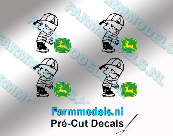 4x Ok&eacute; Calvin 15mm hoog V1 ZWART + New Logo JD KLEUR stickers op Transparant Pr&eacute;-Cut Decals 1:32 Farmmodels.nl 