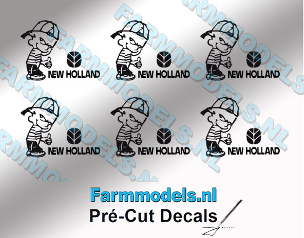 6x Ok&eacute; Calvin 10mm hoog V1 ZWART + NH zwart stickers op Transparant Pr&eacute;-Cut Decals 1:32 Farmmodels.nl 