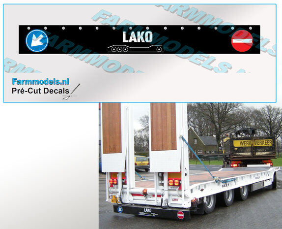 LAKO Spatlapsticker (1x logo) op ZWART MATT folie 76 x 9 mm breed Pr&eacute;-Cut Decals 1:32 Farmmodels.nl 
