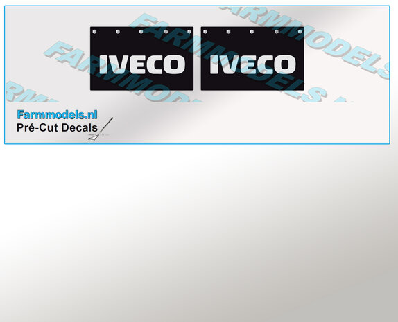 IVECO Spatlapstickers (2x logo) op ZWART MATT folie 14.5 x 23 mm breed Pr&eacute;-Cut Decals 1:32 Farmmodels.nl 