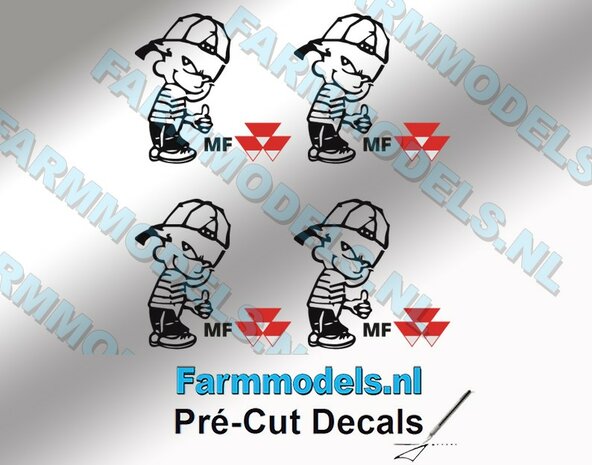 4x Ok&eacute; Calvin 20mm hoog V1 ZWART + logo MF KLEUR stickers op Transparant Pr&eacute;-Cut Decals 1:32 Farmmodels.nl 