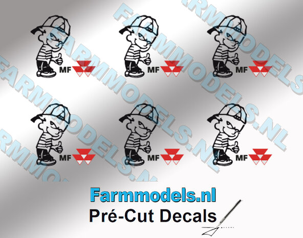 6x Ok&eacute; Calvin 10mm hoog V1 ZWART + logo MF KLEUR stickers op Transparant Pr&eacute;-Cut Decals 1:32 Farmmodels.nl 