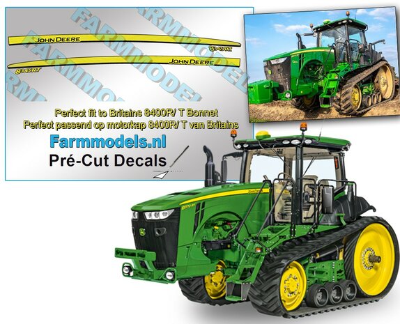 John Deere 8345RT type stickers, Geschikt voor BRITAINS 8400R serie + T van TRAX,  Pr&eacute;-Cut Decals 1:32 Farmmodels.nl 