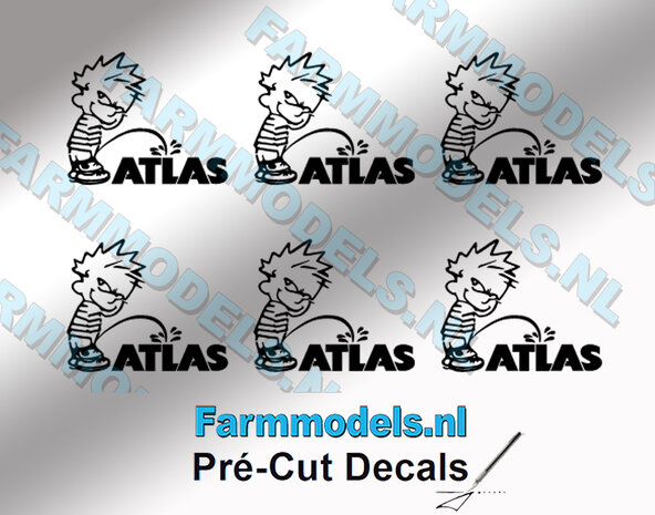 6x PISS ON Calvin 10mm hoog V1 ZWART + ATLAS logo ZWART stickers op Transparant Pr&eacute;-Cut Decals 1:32 Farmmodels.nl 