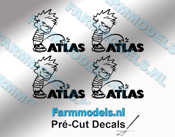 4x Piss Calvin 20mm hoog V1 ZWART + ATLAS Logo ZWART stickers op Transparant Pr&eacute;-Cut Decals 1:32 Farmmodels.nl 