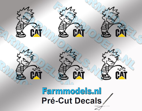 6x PISS ON Calvin 10mm hoog V1 ZWART + CAT logo KLEUR stickers op Transparant Pr&eacute;-Cut Decals 1:32 Farmmodels.nl 