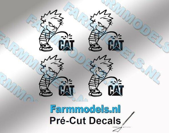 4x PISS ON Calvin 20mm hoog V1 ZWART + CAT logo ZWART stickers op Transparant Pr&eacute;-Cut Decals 1:32 Farmmodels.nl 