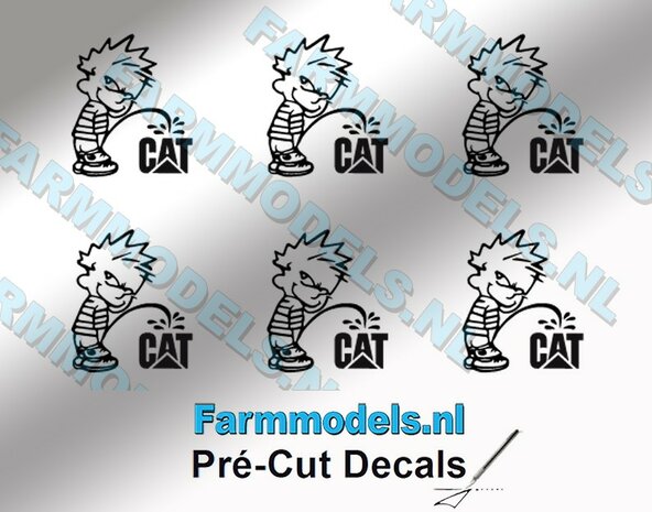 6x PISS ON Calvin 10mm hoog V1 ZWART + CAT logo ZWART stickers op Transparant Pr&eacute;-Cut Decals 1:32 Farmmodels.nl 