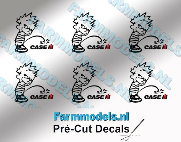 6x PISS ON Calvin 10mm hoog V1 ZWART + CASE IH logo ZWART/ROOD stickers op Transparant Pr&eacute;-Cut Decals 1:32 Farmmodels.nl 
