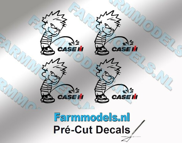 4x PISS ON Calvin 15mm hoog V1 ZWART + CASE IH logo ZWART/ROOD stickers op Transparant Pr&eacute;-Cut Decals 1:32 Farmmodels.nl 