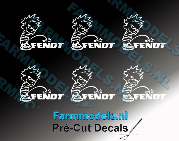 6x PISS ON Calvin 10mm hoog V1 WIT +FENDT logo WIT stickers op Transparant Pr&eacute;-Cut Decals 1:32 Farmmodels.nl 
