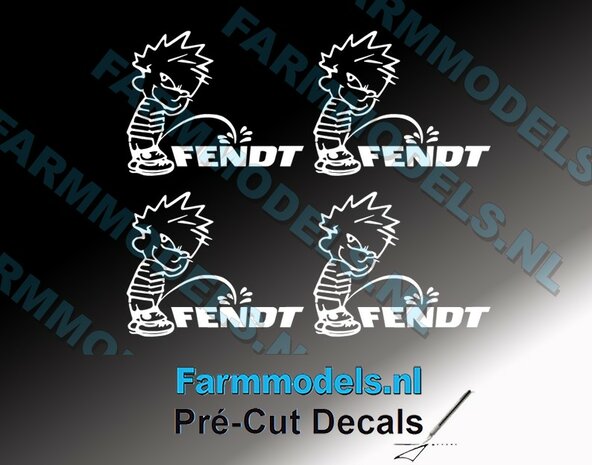 4x PISS ON Calvin 15mm hoog V1 WIT + FENDT logo WIT stickers op Transparant Pr&eacute;-Cut Decals 1:32 Farmmodels.nl 