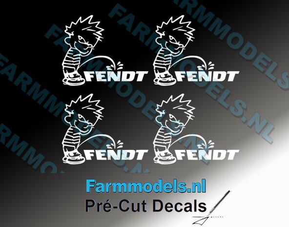 4x PISS ON Calvin 20mm hoog V1 WIT + FENDT logo WIT stickers op Transparant Pr&eacute;-Cut Decals 1:32 Farmmodels.nl 