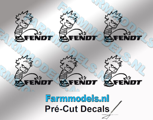 6x PISS ON Calvin 10mm hoog V1 ZWART+FENDT logo ZWART stickers op Transparant Pr&eacute;-Cut Decals 1:32 Farmmodels.nl 