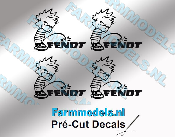 4x PISS ON Calvin 15mm hoog V1 ZWART+FENDT logo ZWART stickers op Transparant Pr&eacute;-Cut Decals 1:32 Farmmodels.nl 