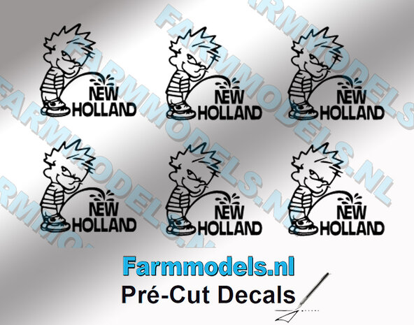 6x PISS ON Calvin 10mm hoog V1 ZWART+NH logo ZWART stickers op Transparant Pr&eacute;-Cut Decals 1:32 Farmmodels.nl 