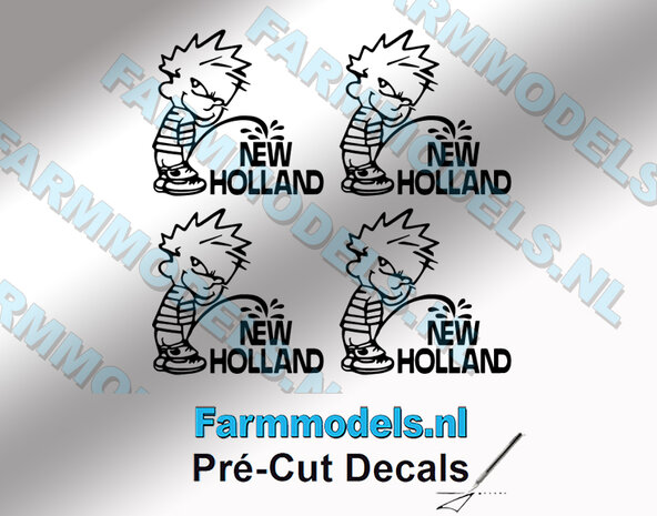 4x PISS ON Calvin 15mm hoog V1 ZWART+NH logo ZWART stickers op Transparant Pr&eacute;-Cut Decals 1:32 Farmmodels.nl 