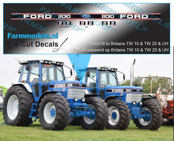 1x FORD 8010 MARK II nw stickers op Transparant Pr&eacute;-Cut Decals 1:32 Farmmodels.nl 