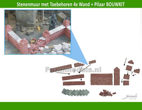 Stenenmuur met Toebehoren 4x Wand en Pilaar Bouwkit 1:32 Juweela 23392