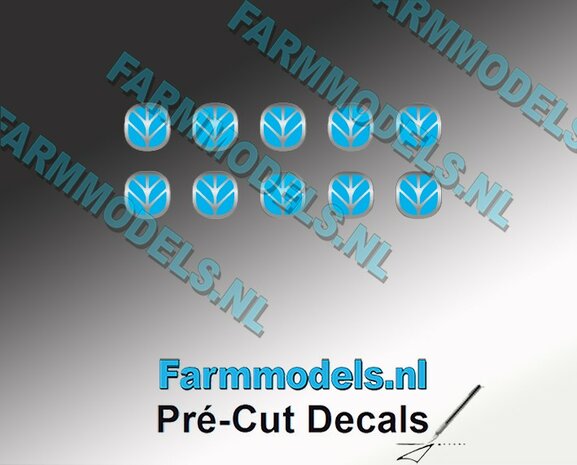 10x NEW HOLLAND EMBLEEM BLAUW/ Zilvergrijs 5x5 mm  Pr&eacute;-Cut Decals 1:32 Farmmodels.nl 