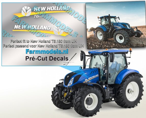 New Holland T6.120 NH Logo type stickers voor de motorkap van NH T6.180 van UH  Pr&eacute;-Cut Decals 1:32 Farmmodels.nl 