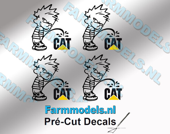 4x Piss Calvin 20mm hoog V1 ZWART + Caterpillar Logo ZWART/GEEL stickers op Transparant Pr&eacute;-Cut Decals 1:32 Farmmodels.nl 