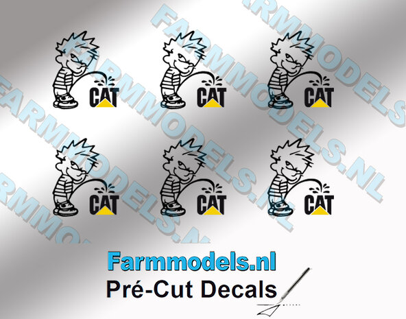 6x Piss Calvin 10mm hoog V1 ZWART + Caterpillar Logo ZWART/GEEL stickers op Transparant Pr&eacute;-Cut Decals 1:32 Farmmodels.nl 