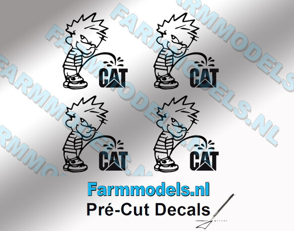 4x Piss Calvin 20mm hoog V1 ZWART + Caterpillar Logo ZWART stickers op Transparant Pr&eacute;-Cut Decals 1:32 Farmmodels.nl 