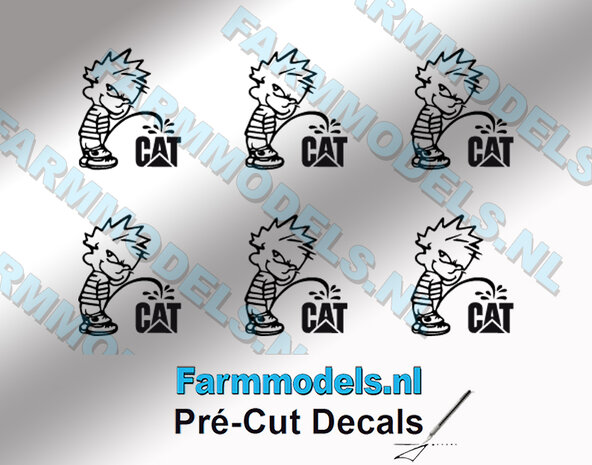 6x Piss Calvin 10mm hoog V1 ZWART + Caterpillar Logo ZWART stickers op Transparant Pr&eacute;-Cut Decals 1:32 Farmmodels.nl 