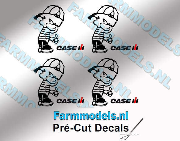 4x OKE Calvin 20mm hoog V1 ZWART + CASE IH Logo ZWART/ROOD stickers op Transparant Pr&eacute;-Cut Decals 1:32 Farmmodels.nl 