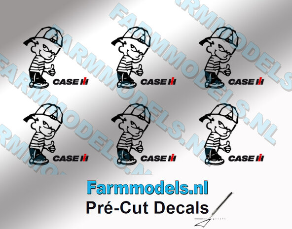 6x OKE Calvin 10mm hoog V1 ZWART + CASE IH Logo ZWART/ROOD stickers op Transparant Pr&eacute;-Cut Decals 1:32 Farmmodels.nl 