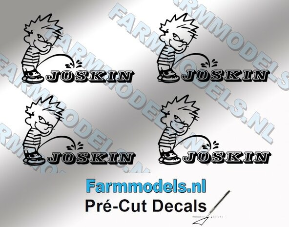 4x PISS ON Calvin 15mm hoog V1 ZWART + JOSKIN logo ZWART stickers op Transparant Pr&eacute;-Cut Decals 1:32 Farmmodels.nl 