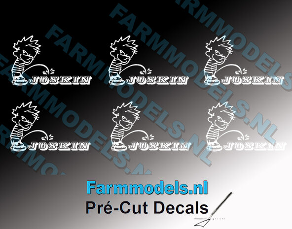 6x PISS ON Calvin 10mm hoog V1 WIT + JOSKIN logo WIT stickers op Transparant Pr&eacute;-Cut Decals 1:32 Farmmodels.nl 