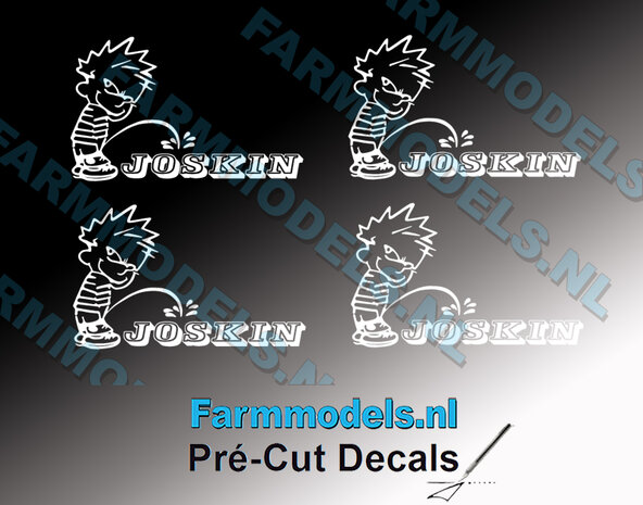 4x PISS ON Calvin 15mm hoog V1 WIT + JOSKIN logo WIT stickers op Transparant Pr&eacute;-Cut Decals 1:32 Farmmodels.nl 