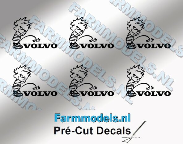 6x PISS ON Calvin 10mm hoog V1 ZWART + VOLVO logo ZWART stickers op Transparant Pr&eacute;-Cut Decals 1:32 Farmmodels.nl 