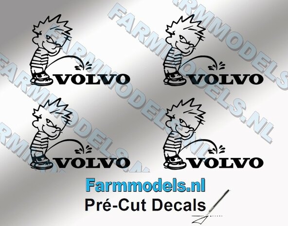 4x PISS ON Calvin 15mm hoog V1 ZWART + VOLVO logo ZWART stickers op Transparant Pr&eacute;-Cut Decals 1:32 Farmmodels.nl 