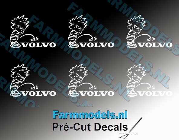 6x PISS ON Calvin 10mm hoog V1 WIT + VOLVO logo WIT stickers op Transparant Pr&eacute;-Cut Decals 1:32 Farmmodels.nl 