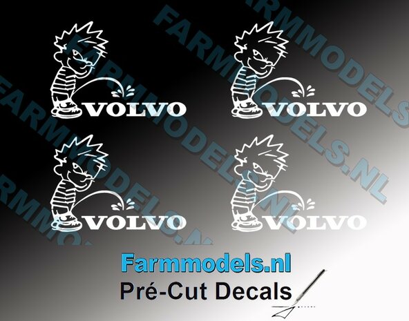 4x PISS ON Calvin 20mm hoog V1 WIT + VOLVO logo WIT stickers op Transparant Pr&eacute;-Cut Decals 1:32 Farmmodels.nl 