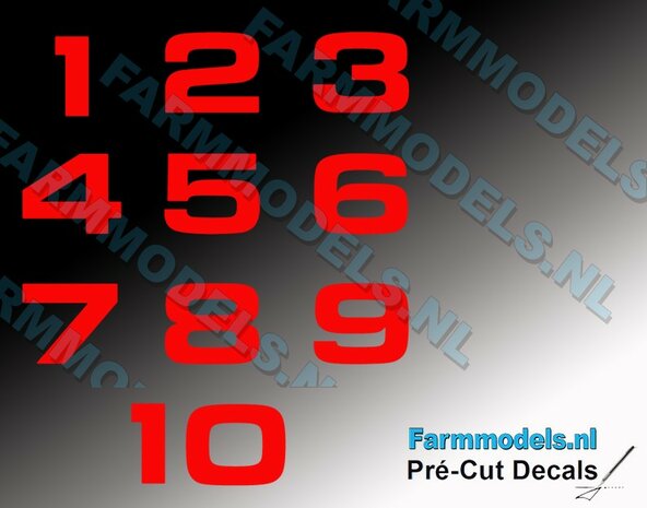 1x-alle-nummers-1-10, 10mm hoog, uit RODE folie-Pr&eacute;-Cut-Decals-1:32-Farmmodels.nl-