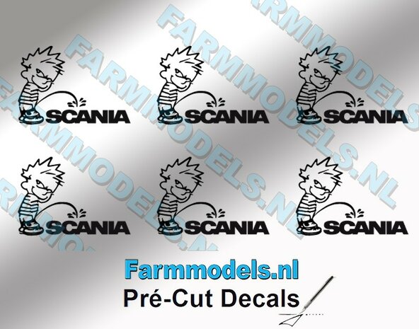 6x PISS ON Calvin 10mm hoog V1 ZWART + SCANIA logo ZWART stickers op Transparant Pr&eacute;-Cut Decals 1:32 Farmmodels.nl 