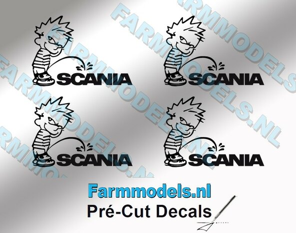 4x PISS ON Calvin 15mm hoog V1 ZWART + SCANIA logo ZWART stickers op Transparant Pr&eacute;-Cut Decals 1:32 Farmmodels.nl 