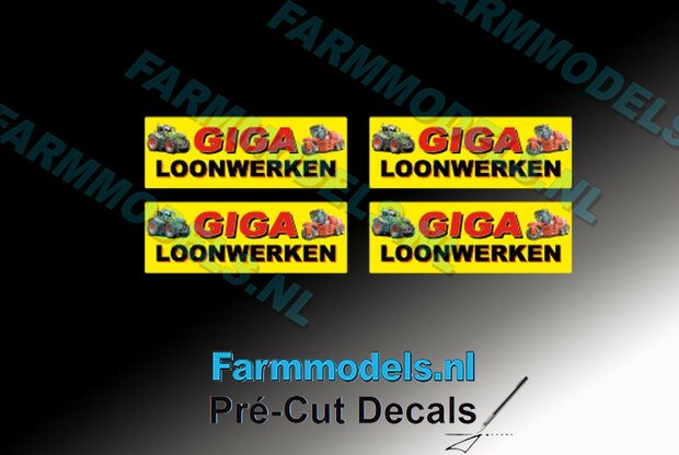 4x GIGA Loonwerken logo 10 mm hoog op gele stickerfolie Pr&eacute;-Cut Decals 1:32 Farmmodels.nl 