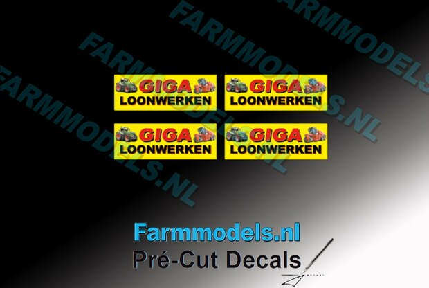 4x GIGA Loonwerken logo 8 mm hoog op gele stickerfolie Pr&eacute;-Cut Decals 1:32 Farmmodels.nl 