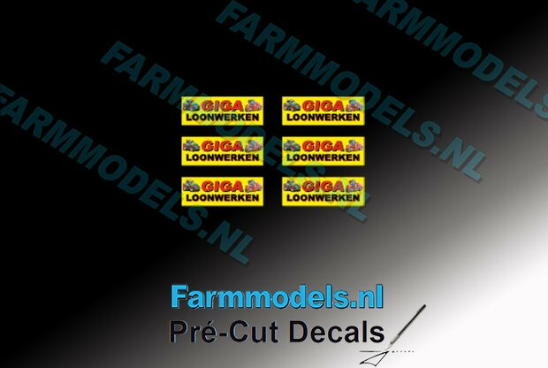 6x GIGA Loonwerken logo 5 mm hoog op gele stickerfolie Pr&eacute;-Cut Decals 1:32 Farmmodels.nl 