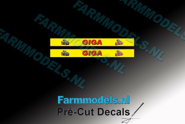 2x GIGA Loonwerken voorruit logo 4 mm hoog op gele stickerfolie Pr&eacute;-Cut Decals 1:32 Farmmodels.nl 