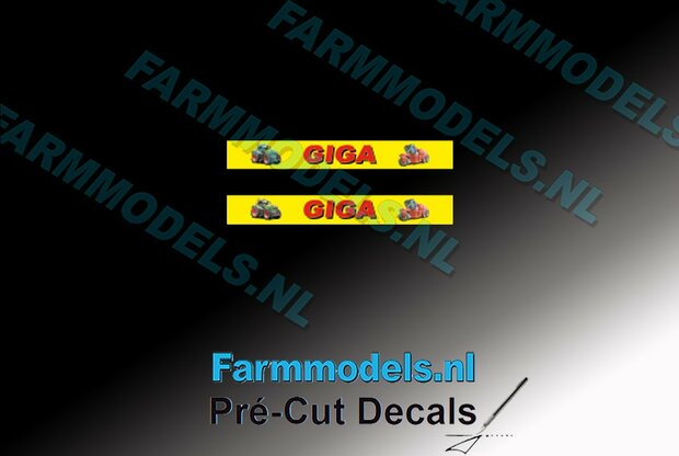 2x GIGA Loonwerken voorruit logo 4 mm hoog op gele stickerfolie Pr&eacute;-Cut Decals 1:32 Farmmodels.nl 