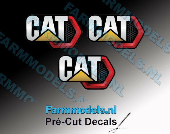3x NextGEn Caterpillar logo 23 mm breed op transparante stickerfolie Pr&eacute;-Cut Decals 1:32 Farmmodels.nl 